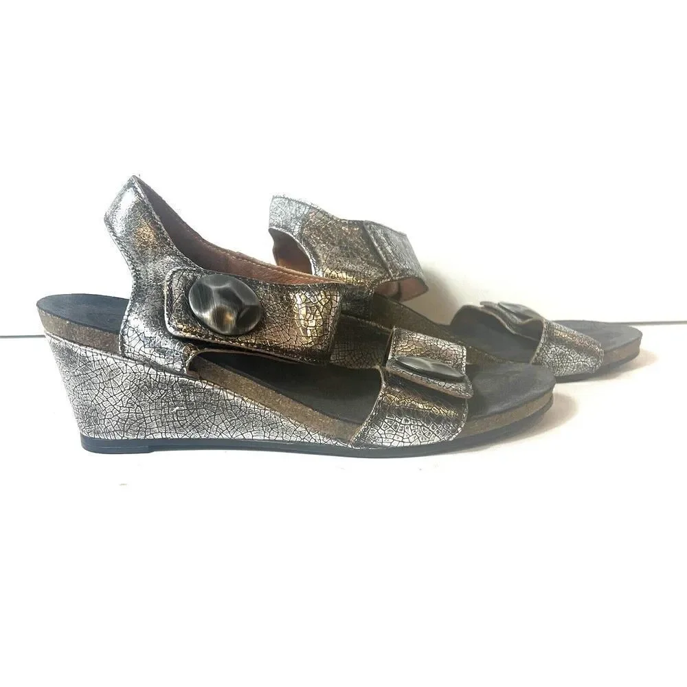 Taos Womens metallic Gray Leather Wedge Sandals EU 40 US 9.5 Sling Back Open Toe